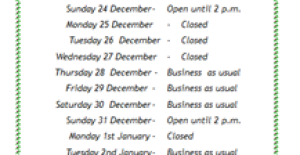 Munneries Christmas Opening Times 12/12/17